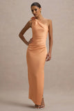 Janette Peach Satin One Shoulder Split Maxi Dress With Corsage