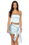 Elvi Blue Ruched Satin Mini Skirt