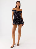 Endless Romance Off Shoulder Mini Dress Black Polkadot