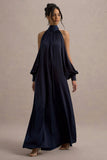Baila Navy Satin High Neck Cape Sleeve Maxi Dress