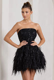 Little Wish Black Sequin Lace Strapless Mini Dress With Feathers