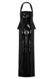 Bertie Sequin Peplum Halter Maxi Dress Black