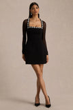 Emmey Black Crepe And Mesh Square Neck Mini Dress