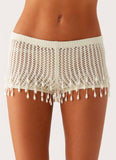 Pearl Shore Beaded Crochet Mini Shorts Ivory