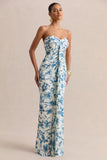 Ali Blue Porcelain Print Sweetheart Ruched Wrap Maxi Dress
