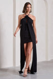 Enigmatic Black Halter Neck Draped Mini Dress With Floral Corsage