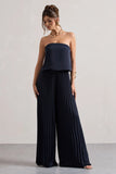 Tammi Navy Satin Strapless Plisse Wide Leg Jumpsuit