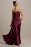 Cassidy Burgundy Satin Bandeau Gathered Maxi Dress