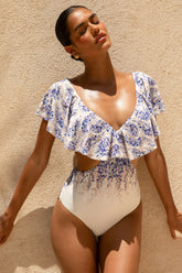 Paros Wisteria Print Plunge Neck Ruffled Swimsuit