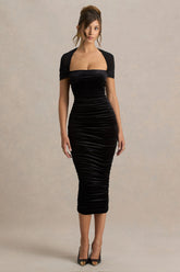 Chrissy Black Velvet Square Neck Midi Dress With Mesh Sleeves And Ruched Detailing