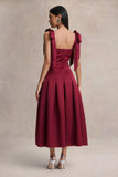 Alberta Burgundy Satin Square Neck Midi Dress With Bow Straps