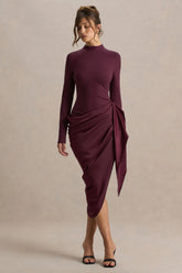 Raffie Plum Long Sleeve Midi Dress With Satin Wrap Skirt