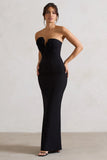 Enticed Black Strapless V Neck Maxi Dress With Flowers