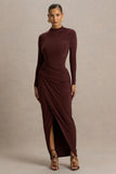 Zephyra Brown High Neck Wrapped Maxi Dress