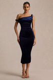 Carella Navy Velvet Twisted Asymmetric Midi Dress