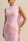 Premiere Light Pink Boat Neck Maxi Dress With Cape Sleeves And Open Back