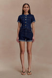 Marge Fitted Denim Short Sleeve Top Indigo Blue