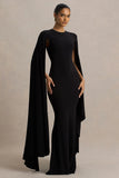 Briony Black Crew Neck Maxi Dress With Cape Sleeves