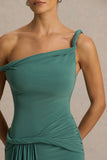 Tulisa Green Asymmetric Neck Maxi Dress With Twist Sleeves And Ruched Detailing