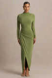 Zephyra Olive High Neck Wrapped Maxi Dress