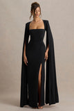 Claretta Black Square Neck Twisted Maxi Dress With Cape Sleeves
