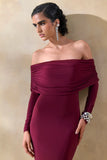 Brisea Burgundy Bardot Neck Maxi Dress