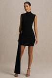 Sorenna Black High Neck Mini Dress With Wrap And Sash Detail