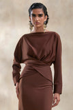 Miravia Brown Satin Wide Neck Long Sleeve Top