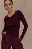 Culver Draped Twist Knit Top Wine