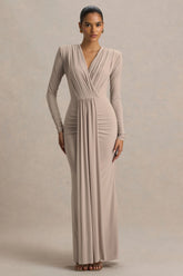 Flashy Champagne Plunge Neck Maxi Dress With Ruched Detailing