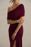 Dynasty Burgundy Asymmetric Neck Maxi Dress With Ruched Detailing And Front High Split