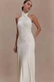 Indira Gathered Slinky Halter Maxi Dress Ivory