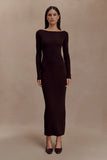 Cleona Merino Wool Ribbed Long Sleeve Maxi Dress Deep Chocolate