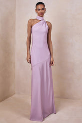 Cara Lilac Matte Satin High Neck Maxi Dress