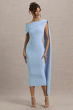 Niamh Powder Blue Asymmetric Midi Dress With Drape