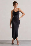 Fillie Black Satin Asymmetric Cowl Neck Midi Dress