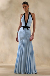 Cosmina Powder Blue Plunge Neck Maxi Dress With Bow Detail