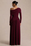 Farah Burgundy Asymmetric Neck Maxi Dress With Drop Waist And Ruched Detailing