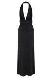 Lien Mesh Velvet Plunge Midi Dress Black