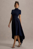 Bellona Navy High Neck High Low Midi Dress