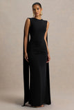 Premiere Black Boat Neck Maxi Dress With Open Back And Cape Sleeves