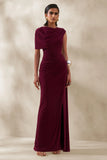 Palomara Burgundy Round Neck Maxi Dress With Sash And Front High Split