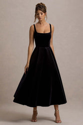 Francisca Black Velvet Strappy Volume Hem Midi Dress