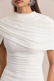 Fenella White High Neck Mini Dress With Cape Sleeves And Ruched Detailing