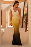 Casey Yellow Ombre Print Asymmetric Neckline Cowl Maxi Dress