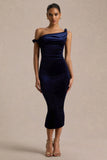 Carella Navy Velvet Twisted Asymmetric Midi Dress