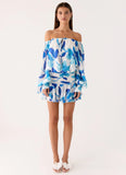 Eira Balloon Sleeve Mini Dress Cerulean Bloom