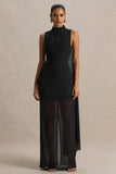 Unpredictable Black High Neck Maxi Dress With Back Cape Detail