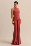Cherine Rust Round Neck Maxi Dress With Gathered Detailing And Sash