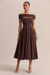 Mavina Brown Bardot Neck Midi Dress